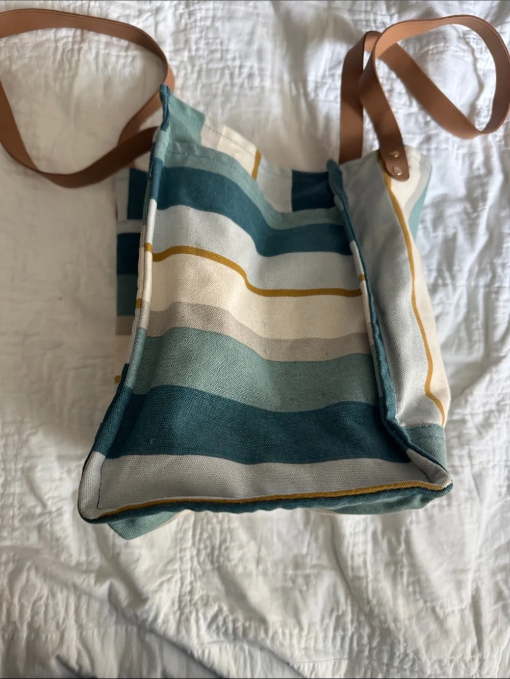 FEED Striped Canvas Tote in Teal, Cream & Mustard